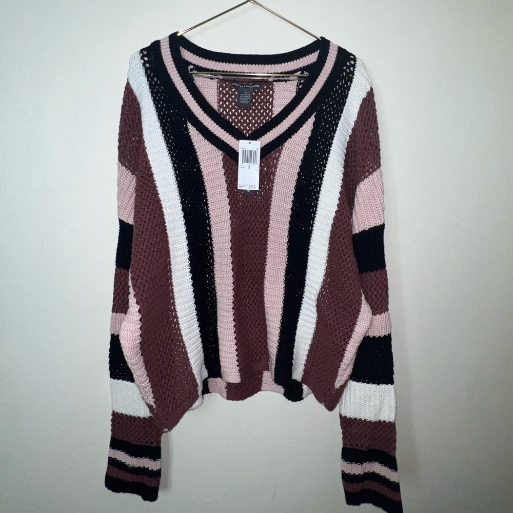 Chelsea and Theodore Striped‎ V-Neck Sweater - Pink, Mauve, Black, White medium